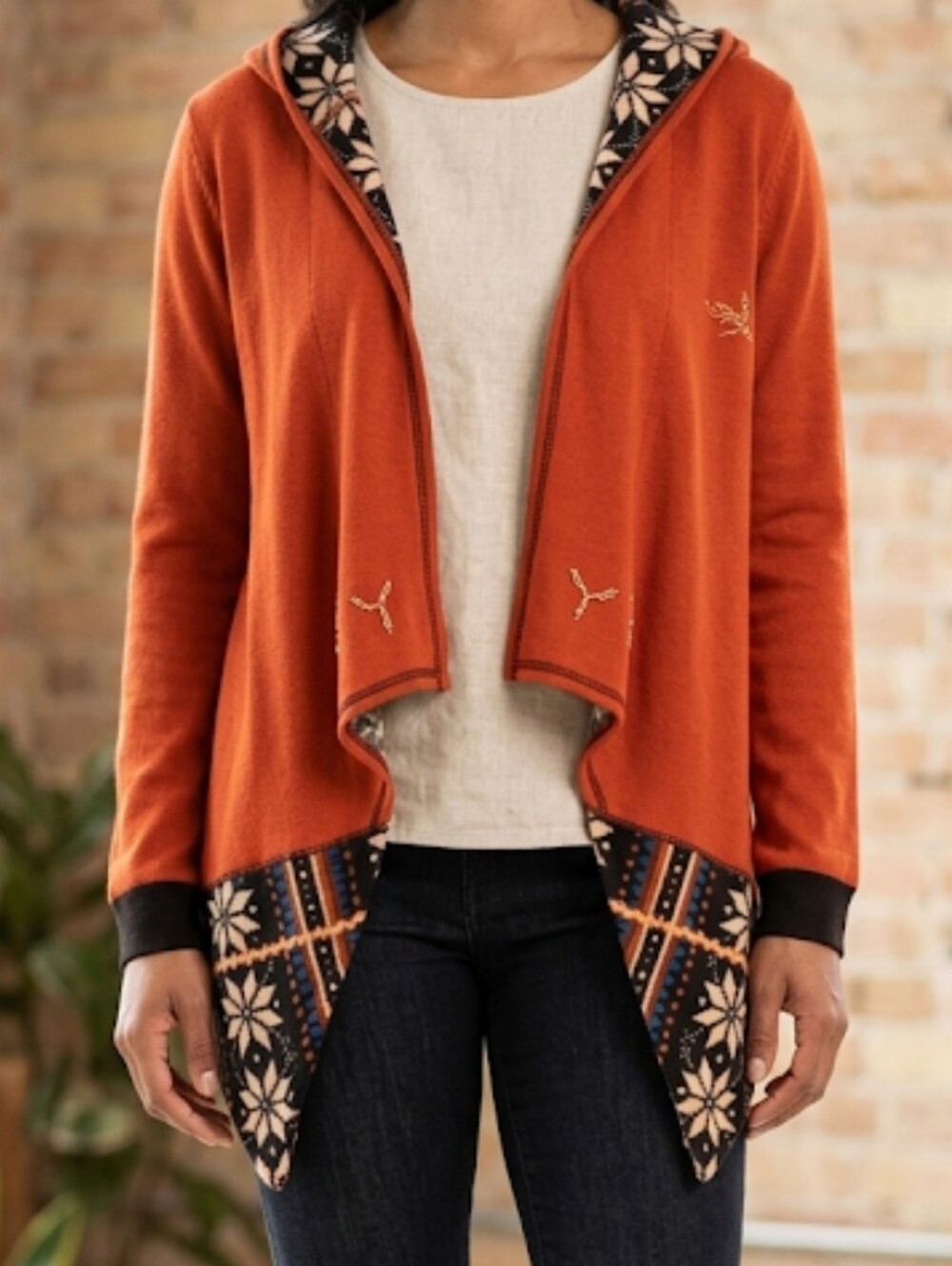 Sacred Threads Orange Hooded Open-Front Cardigan sz Medium w/Aztec Snowflake